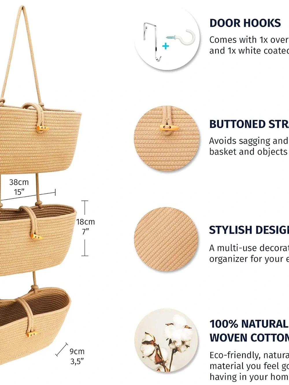 3-Tier Hanging Rope Basket Organizer in Tan